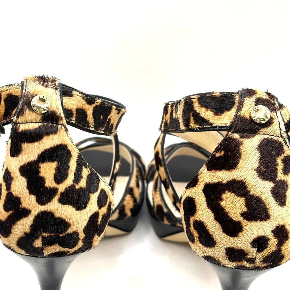 Michael Kors Women Leopard Print Calf Hair Platform Stiletto Sandals Brown Black